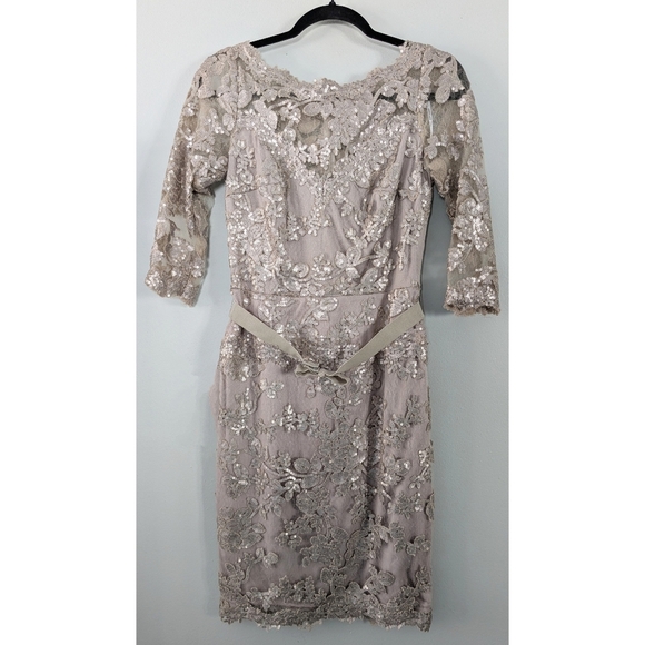 Tadashi Shoji Paillette Embroidered Tulle ¾ Sleeve Dress - Picture 1 of 7